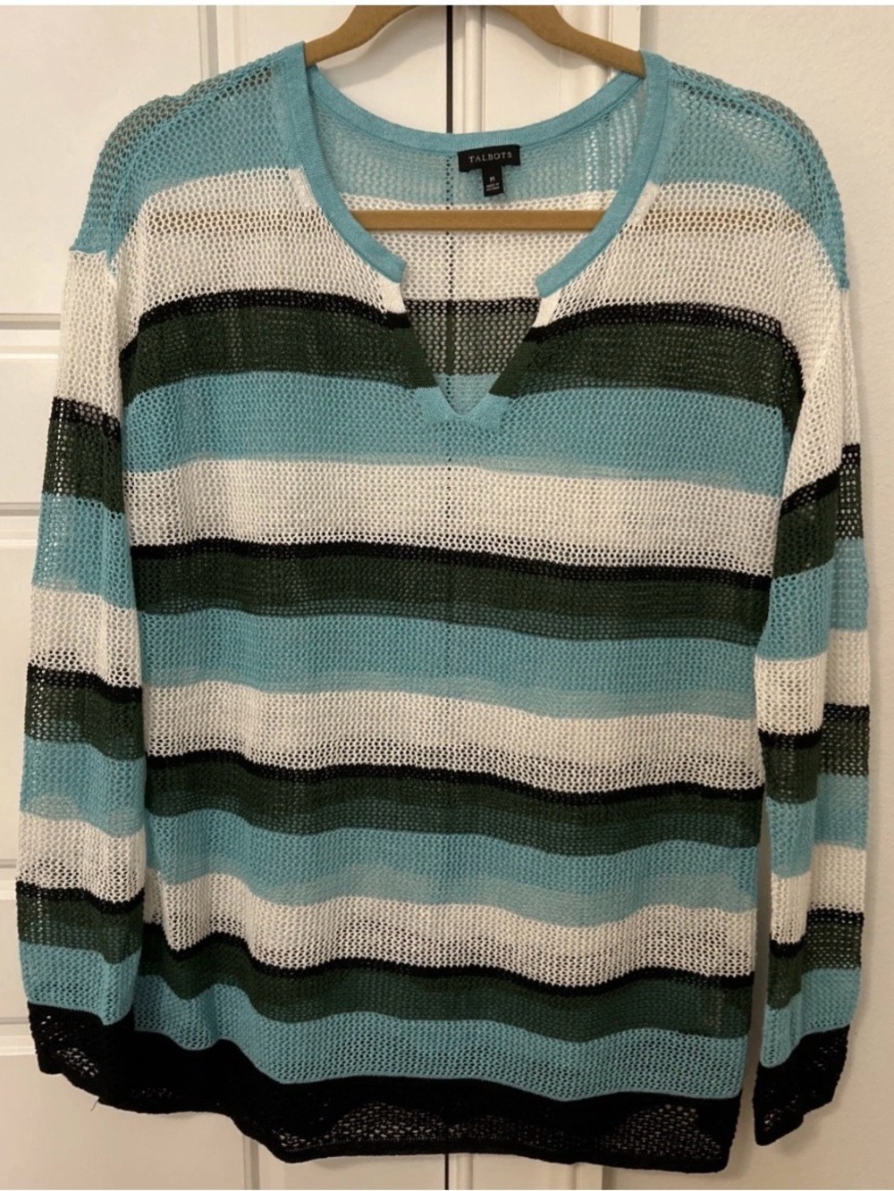 Talbots Aqua White Green Black Open-Knit Striped Pullover
